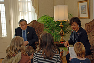 The Kwongs host Edmonton school children at a 2009 Flag Day event at Government House